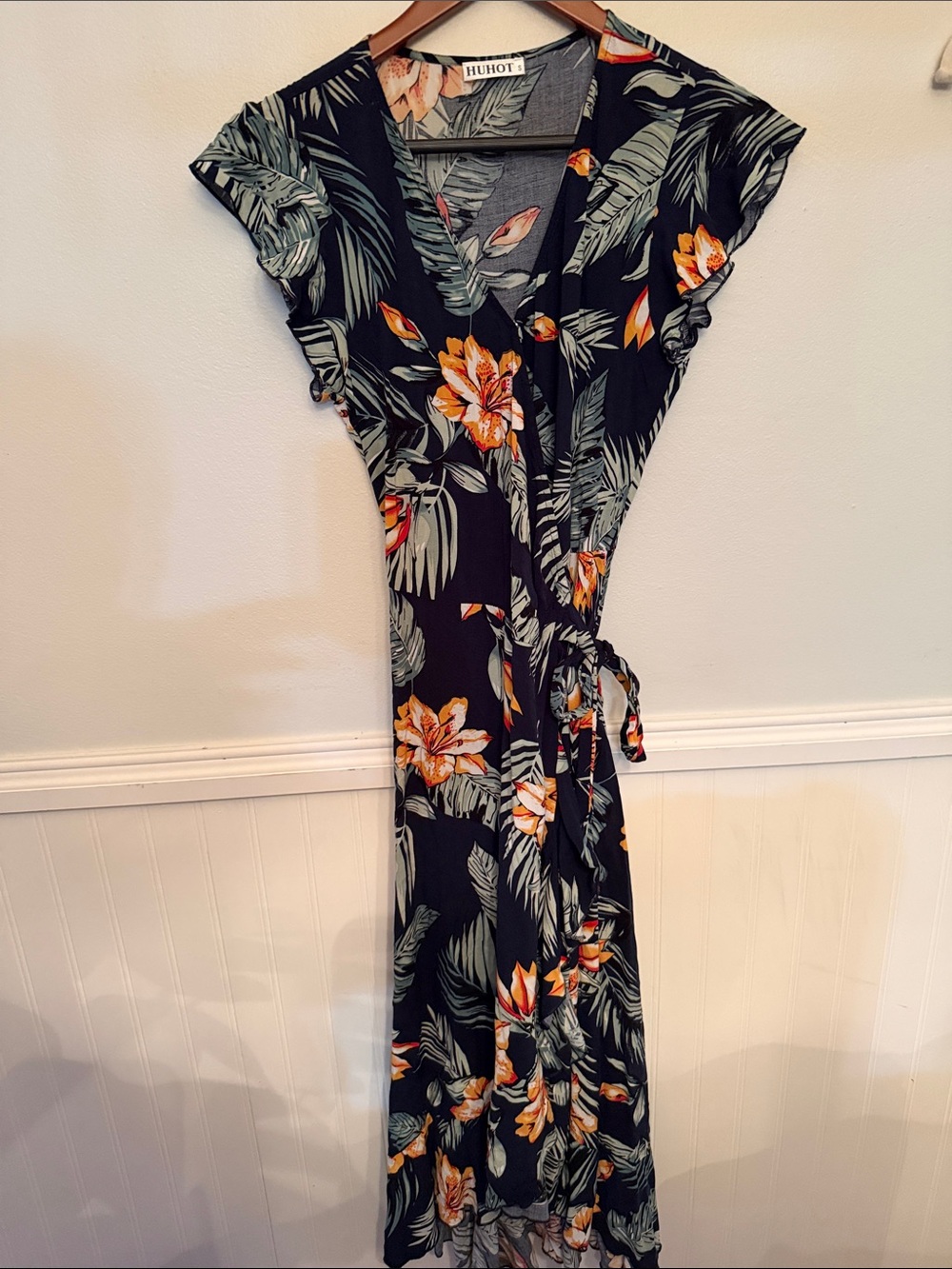 Huhot Black Floral Wrap Maxi Dress with Orange Blooms